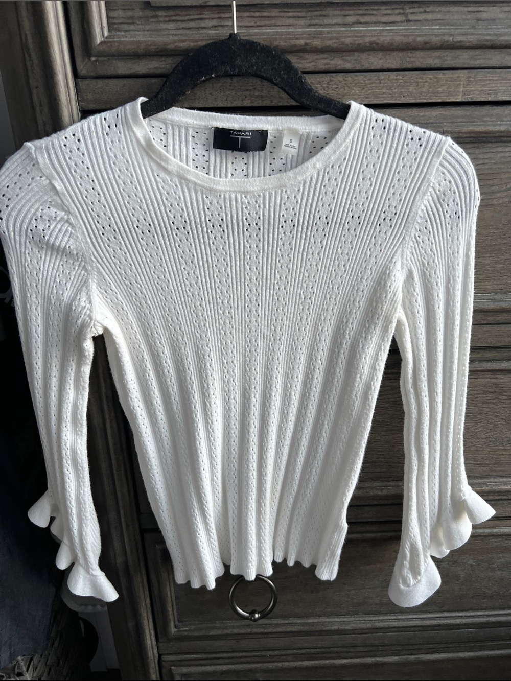 Tahari White Ribbed Eyelet Knit Top with Ruffle Cuffs